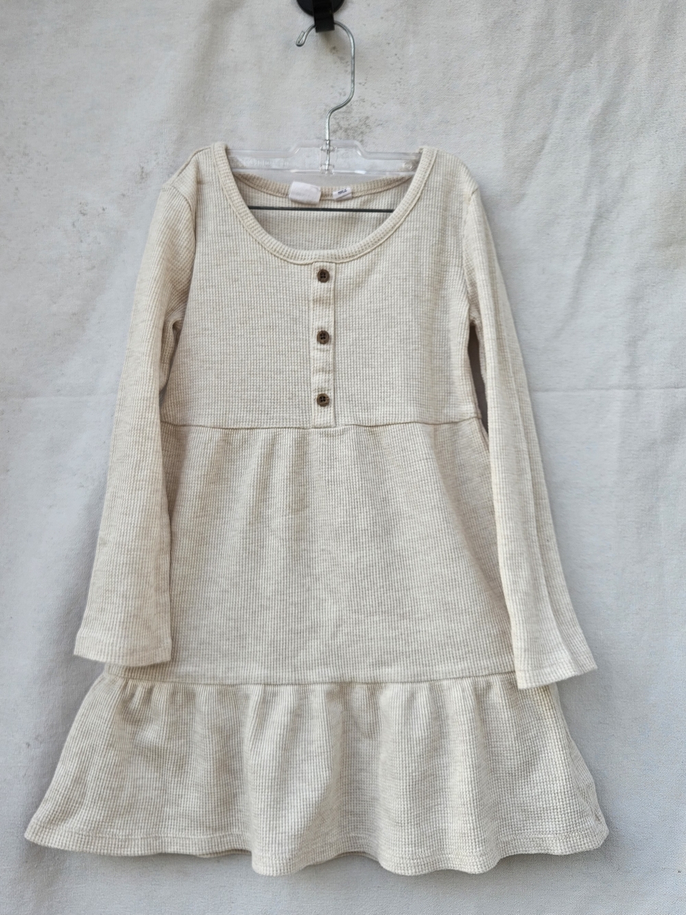 Gap Kids Waffle Knit Henley Dress XS Oatmeal Long Sleeve Ruffle Hem